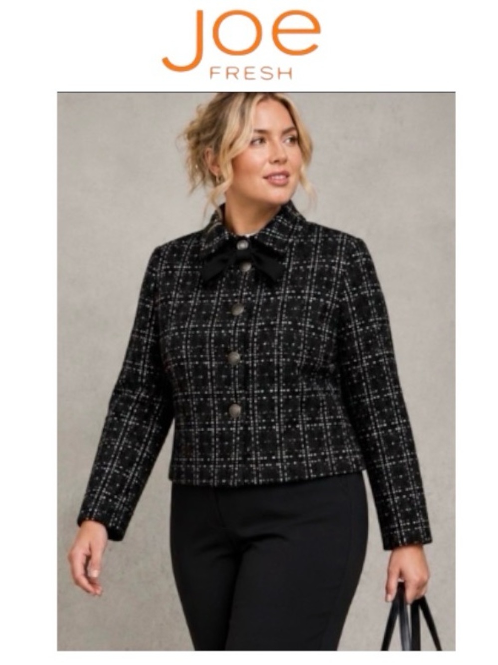 3X Joe Fresh Black and White Tweed Boucle Cropped Jacket with Optional Tie, NWT